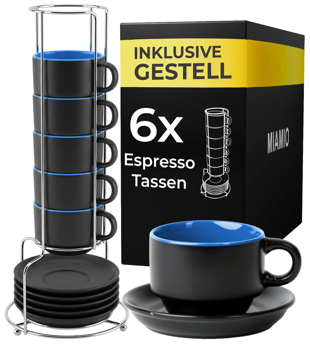 MIAMIO - 6 x 75 ml Espressotassen Set/Espresso Tassen Set mit Untertasse & Ständer - Kaffeetassen Se