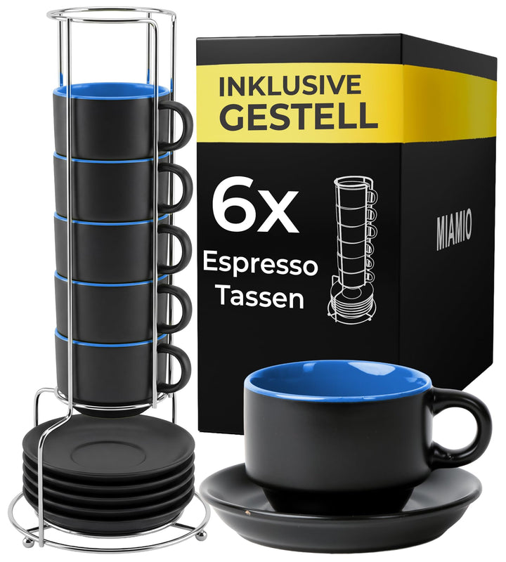MIAMIO - 6 x 75 ml Espressotassen Set/Espresso Tassen Set mit Untertasse & Ständer - Kaffeetassen Se