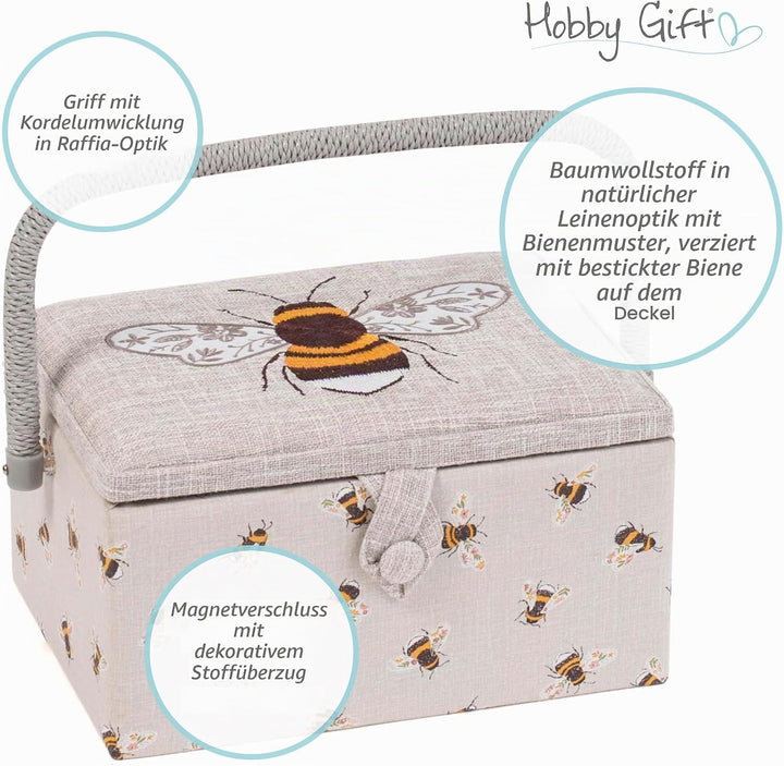 Hobby Gift MRME 87.1 Nähkästchen, Holz/Stoff, Gestickte Biene, 26 x 19 x 14.5cm, Gestickte Biene