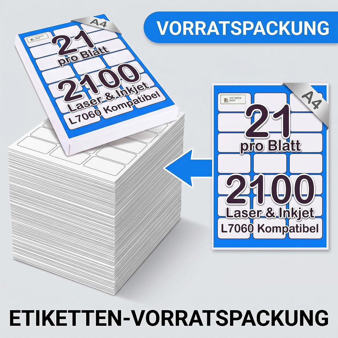 [2100 Etiketten] Etiketten Selbstklebend Bedruckbar A4 21 Pro Blatt | Adressetiketten Selbstklebend