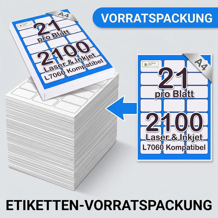 [2100 Etiketten] Etiketten Selbstklebend Bedruckbar A4 21 Pro Blatt | Adressetiketten Selbstklebend
