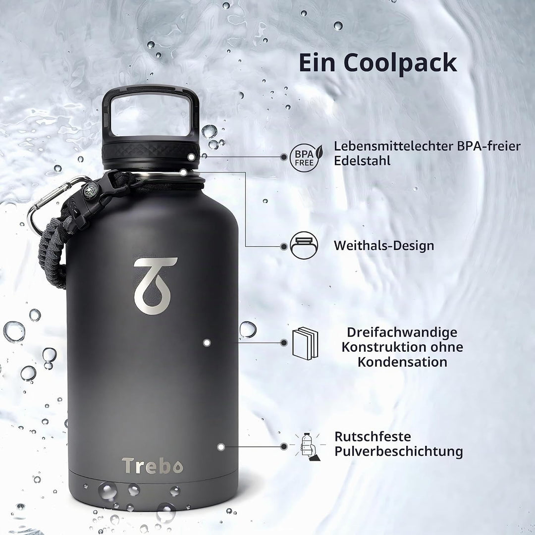 Trebo Wasserflasche mit Paracord-Griff, 1,8 l, lebensmittelecht, doppelwandig, vakuumierter Edelstah