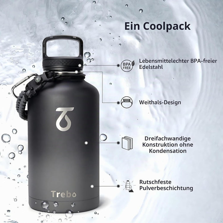 Trebo Wasserflasche mit Paracord-Griff, 1,8 l, lebensmittelecht, doppelwandig, vakuumierter Edelstah