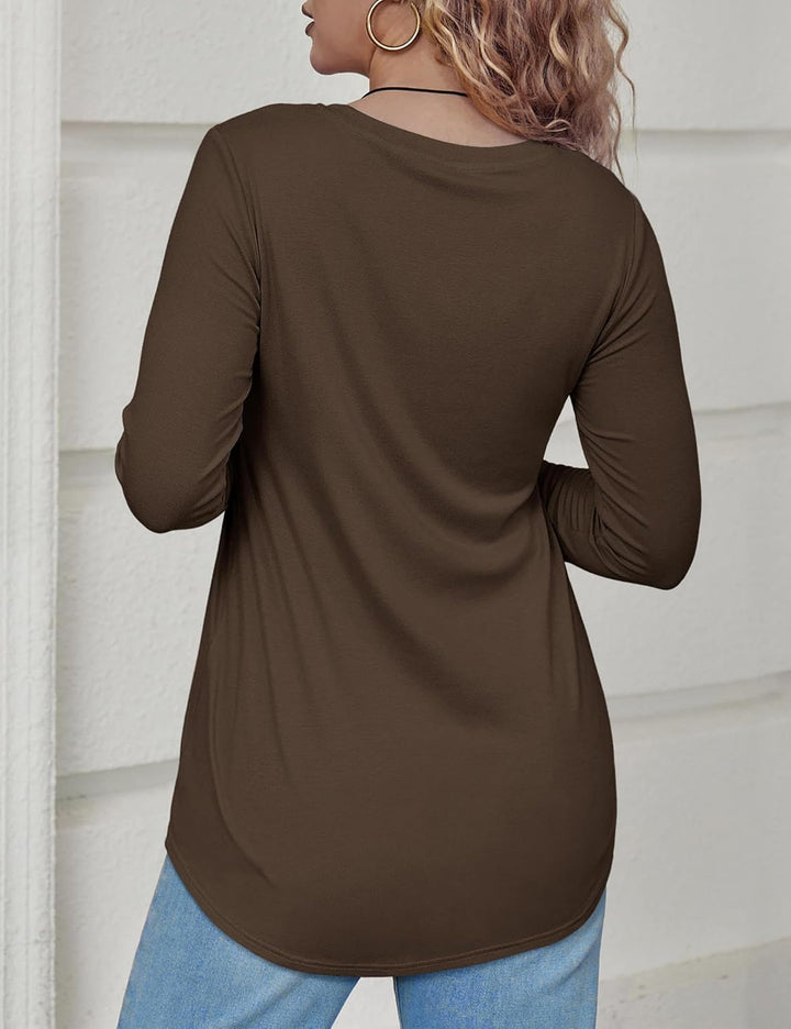 Beluring T-Shirt Damen Lässig Kurzarm/Langarm Oberteile Rundhals Longshirt, A Braun