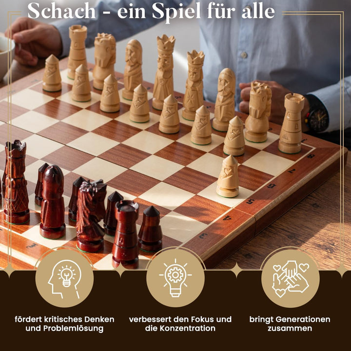 Master Of Chess Schachset Castle Deluxe XXL 60 x 60 cm aus Holz Jedes Schachstück handgeschnitzt !