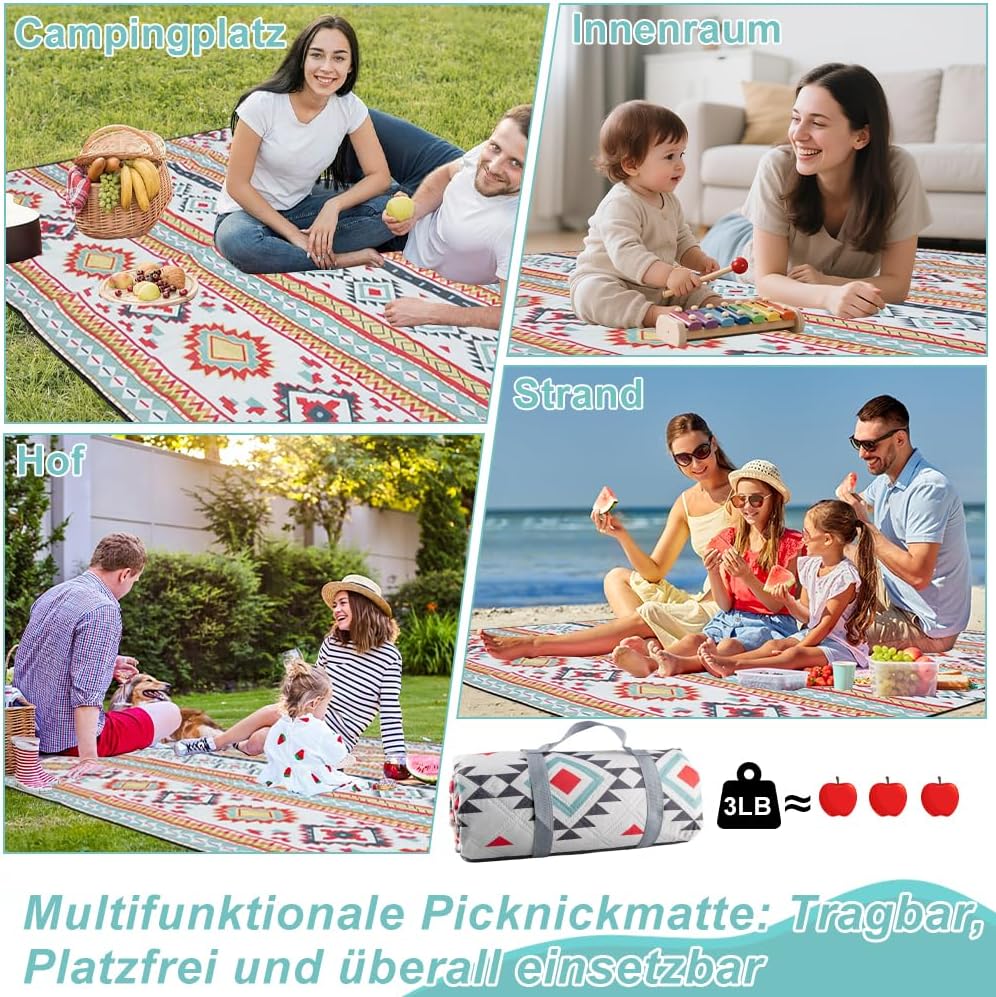 200 x 200 cm Picknickdecke Wasserdicht, Streifen Sandfeste Stranddecke Tragbare Stranddecke XXL Camp