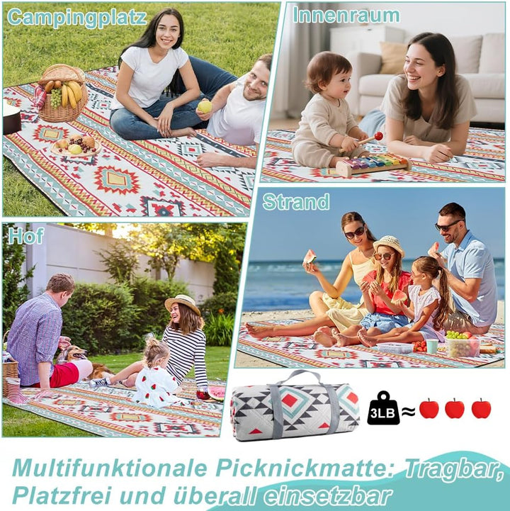 200 x 200 cm Picknickdecke Wasserdicht, Streifen Sandfeste Stranddecke Tragbare Stranddecke XXL Camp