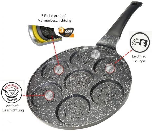 Pancakes Pfanne Ø26cm | Augenpfanne Beschichtung Induktion Frying Pan | 7-Lochpfanne Motiv Tiere Pfa