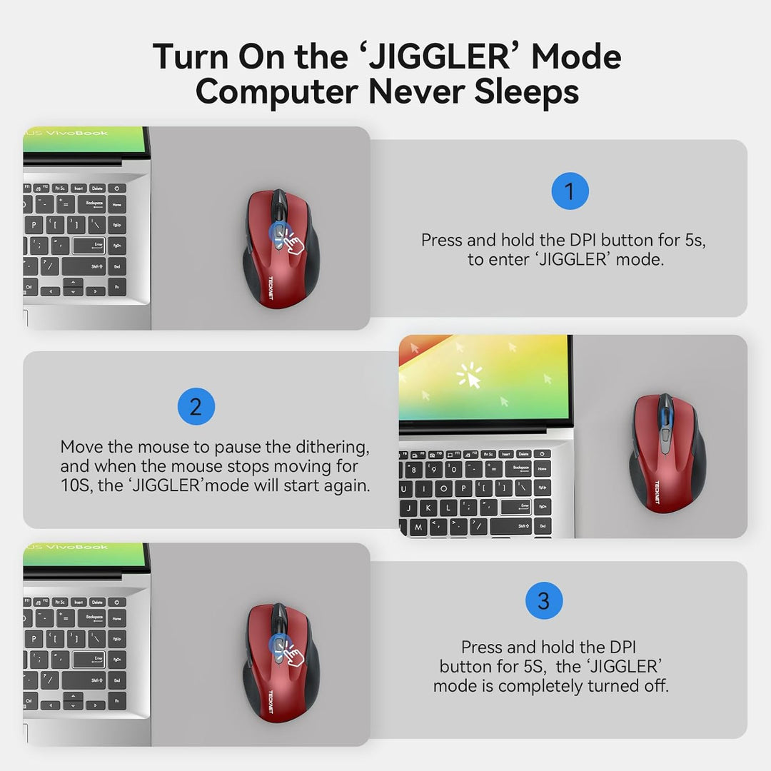 TECKNET Bluetooth Maus mit Jiggler, Wiederaufladbare Maus Kabellos für Laptops(DREI Modi: BT 5.0/3.0