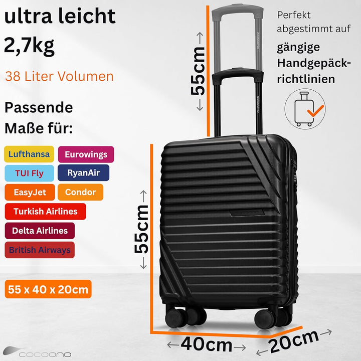 Premium Handgepäck Koffer 55x40x20cm - passend für Ryanair, Lufthansa, Eurowings und co. I 38L Handg