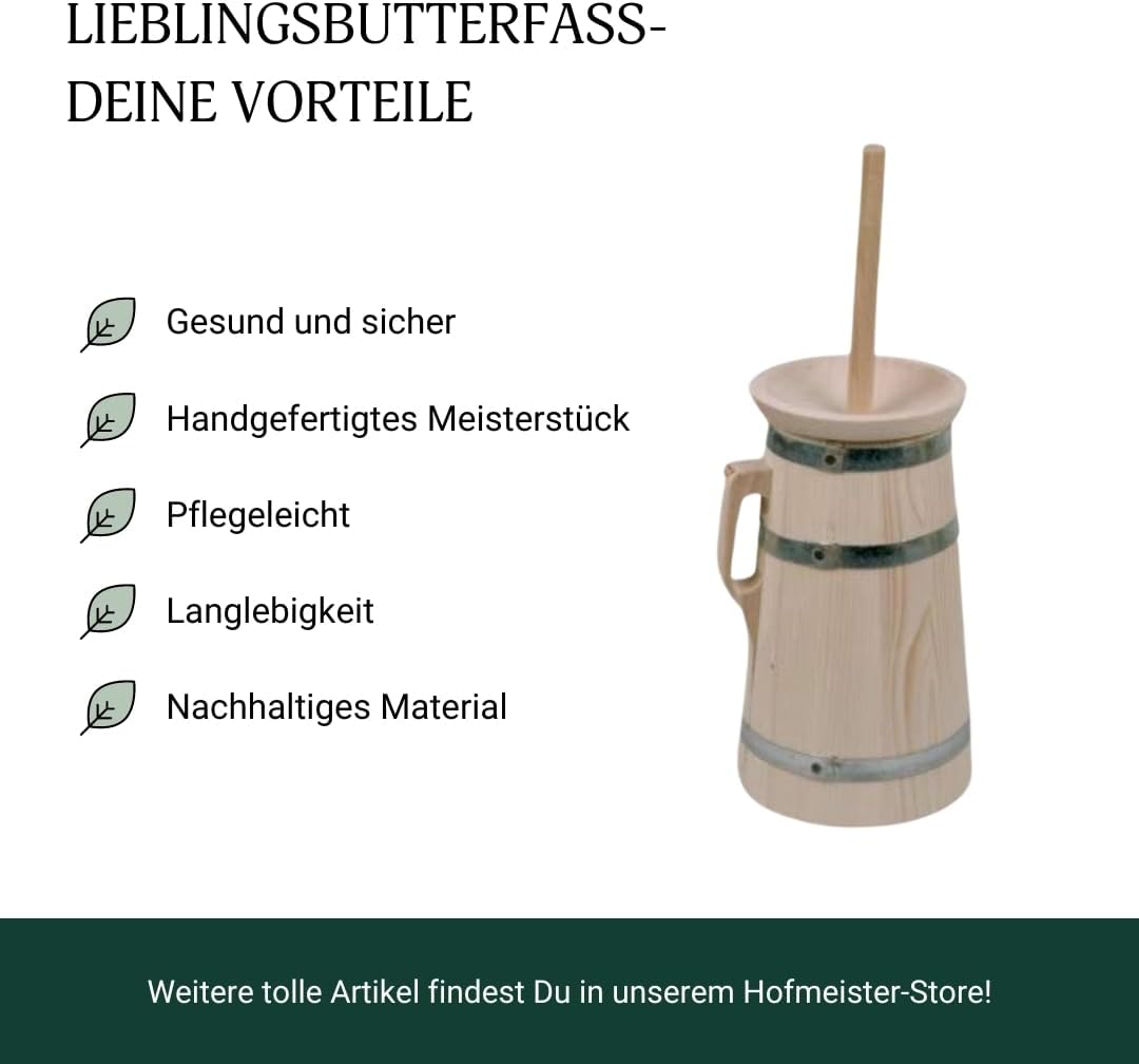 HOFMEISTER® Butterfass aus Holz, für 3 Liter Sahne, Butter selber Machen, authentische Böttcherware