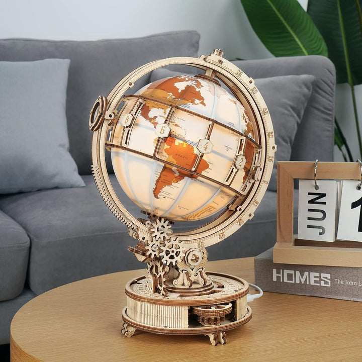 Robotime 3D Puzzle Holz fur Erwachsene Leuchtende Weltkugel Holzpuzzle Modellbausatz mit LED Licht D