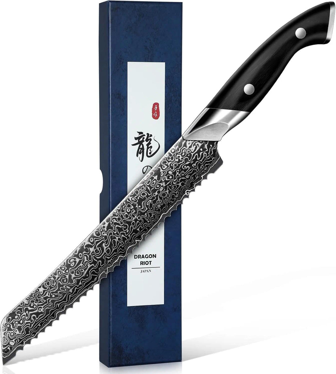 DRAGON RIOT Damast Brotmesser Wellenschliff - Profi Brotschneidemesser mit Holzgriff, Scharfes Sägem