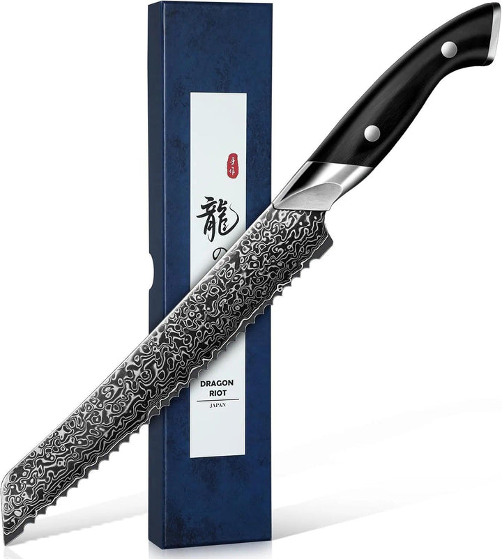 DRAGON RIOT Damast Brotmesser Wellenschliff - Profi Brotschneidemesser mit Holzgriff, Scharfes Sägem