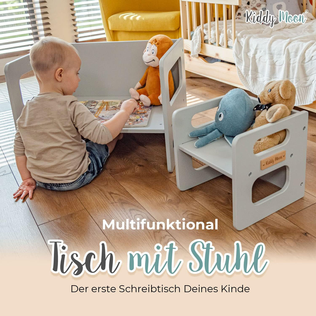 KiddyMoon Kindertisch Mit Stuhl Für Kinder Runde Tresor Kanten Kinderzimmer Möbel, Grau Kindertische