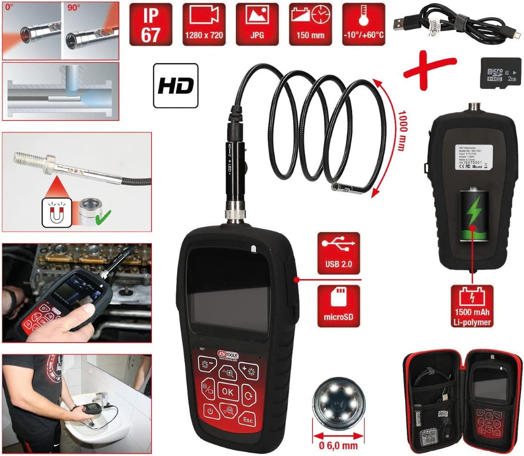 KS Tools 550.7500 HD-Videoskop-Satz mit Ø 6,0 mm 0° und 90° HD Frontkamera-Sonde, umschaltbar, 5-tlg