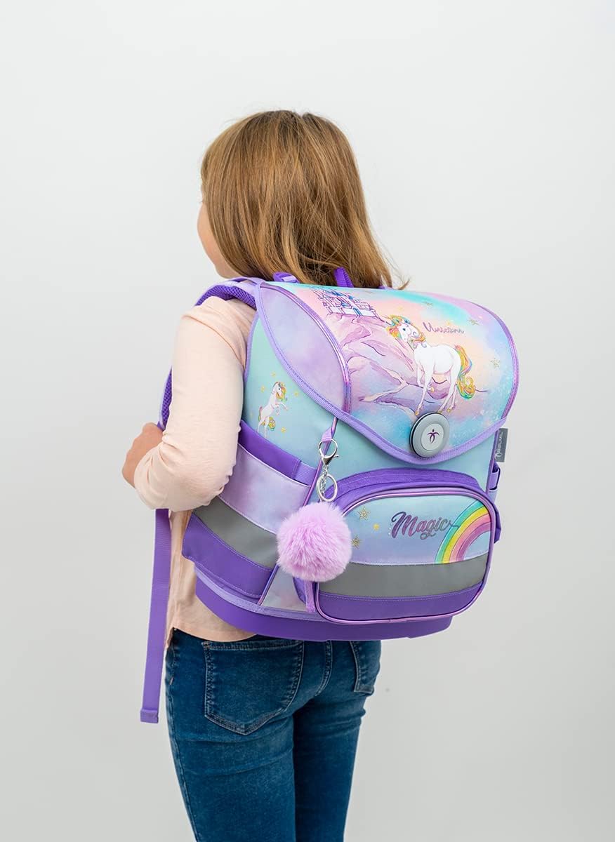 Belmil ergonomischer Schulranzen Set 4 -teilig für Mädchen 1-4 Klasse Grundschule/Brustgurt/Magnetve