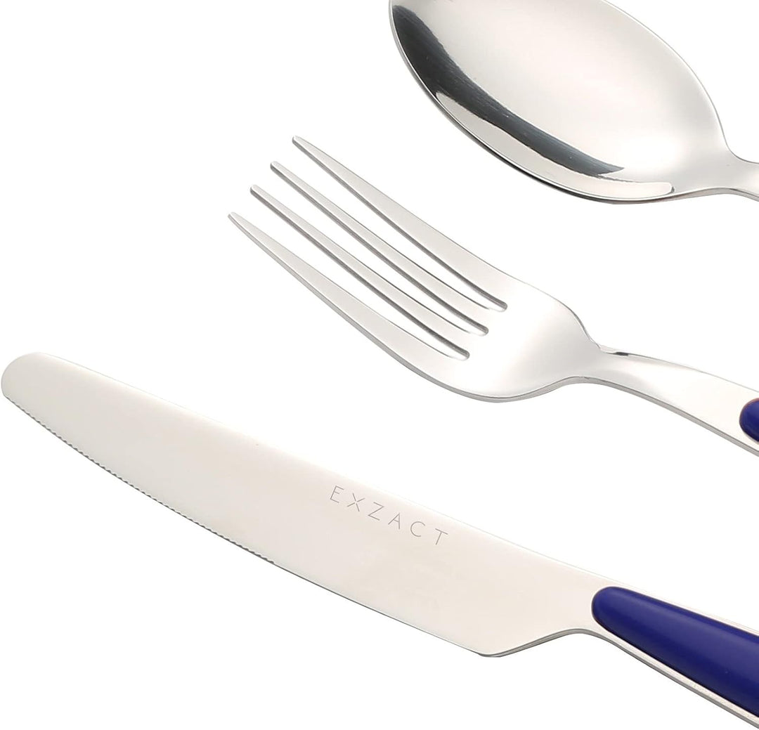 EXZACT Rostfrei Stahl Besteck Set einem Plastikhalter 16 PCS - Farbige Griffe - 4 Gabeln, 4 Messer,