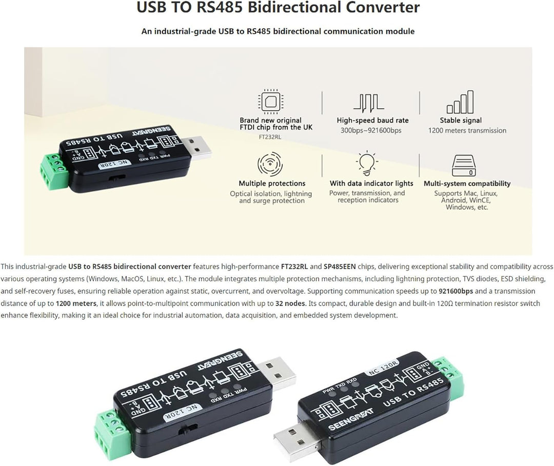 USB to RS485 Converter, Industrial RS485 to USB Converter with Onboard Original FT232RL and SP485EEN