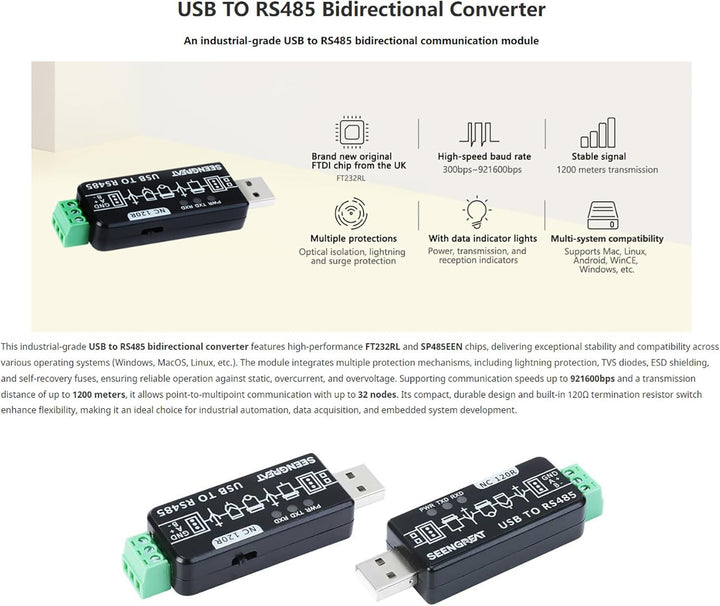 USB to RS485 Converter, Industrial RS485 to USB Converter with Onboard Original FT232RL and SP485EEN