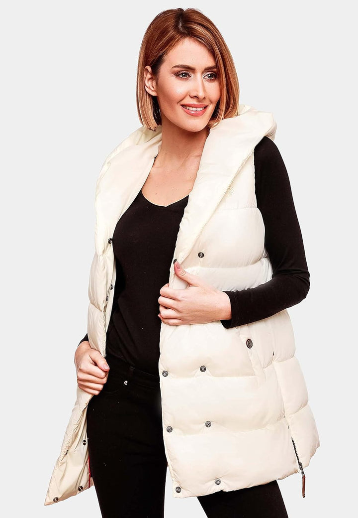 Navahoo warme Damen Winter Steppweste lang mit Kapuze Madilynaa XS-XXL S Offwhite, S Offwhite