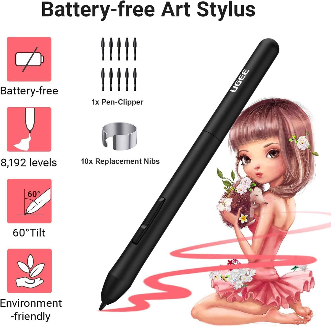 UGEE Grafiktablett S640 Digitales Zeichentablett mit batterieloser Stylus-Neigungsfunktion, 8192 Dru