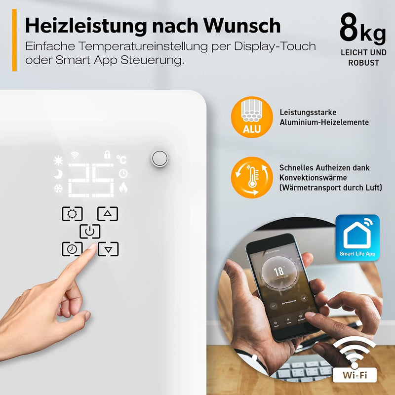 TRESKO® Glaskonvektor 2000W APP WiFi Funktion | Elektroheizung Glasheizung elektrisch | Konvektor He