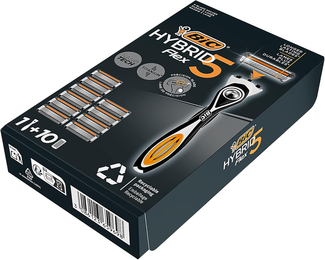 BIC Hybrid 5 Flex Rasierer Herren, Nassrasierer mit 10 Wechselklingen mit je 5 Klingen, mit Aloe Ver