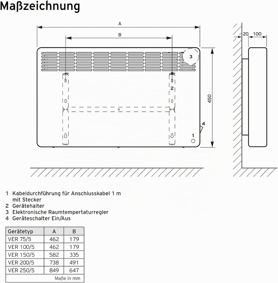 Vaillant eloMENT VER 75/5 Wandkonvektor für ca. 7,5 m2 (weiss), 230V, 0,8 kW Heizleistung, Elektrohe