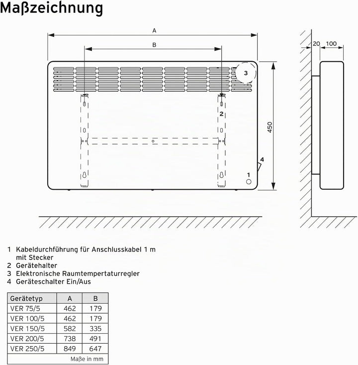 Vaillant eloMENT VER 75/5 Wandkonvektor für ca. 7,5 m2 (weiss), 230V, 0,8 kW Heizleistung, Elektrohe