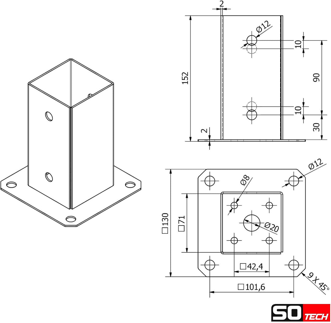 SOTECH 2er SET Aufschraubanker vierkant 70 x 70 mm, 152 mm Höhe, Stahl feuerverzinkt, Holzpfosten-Tr
