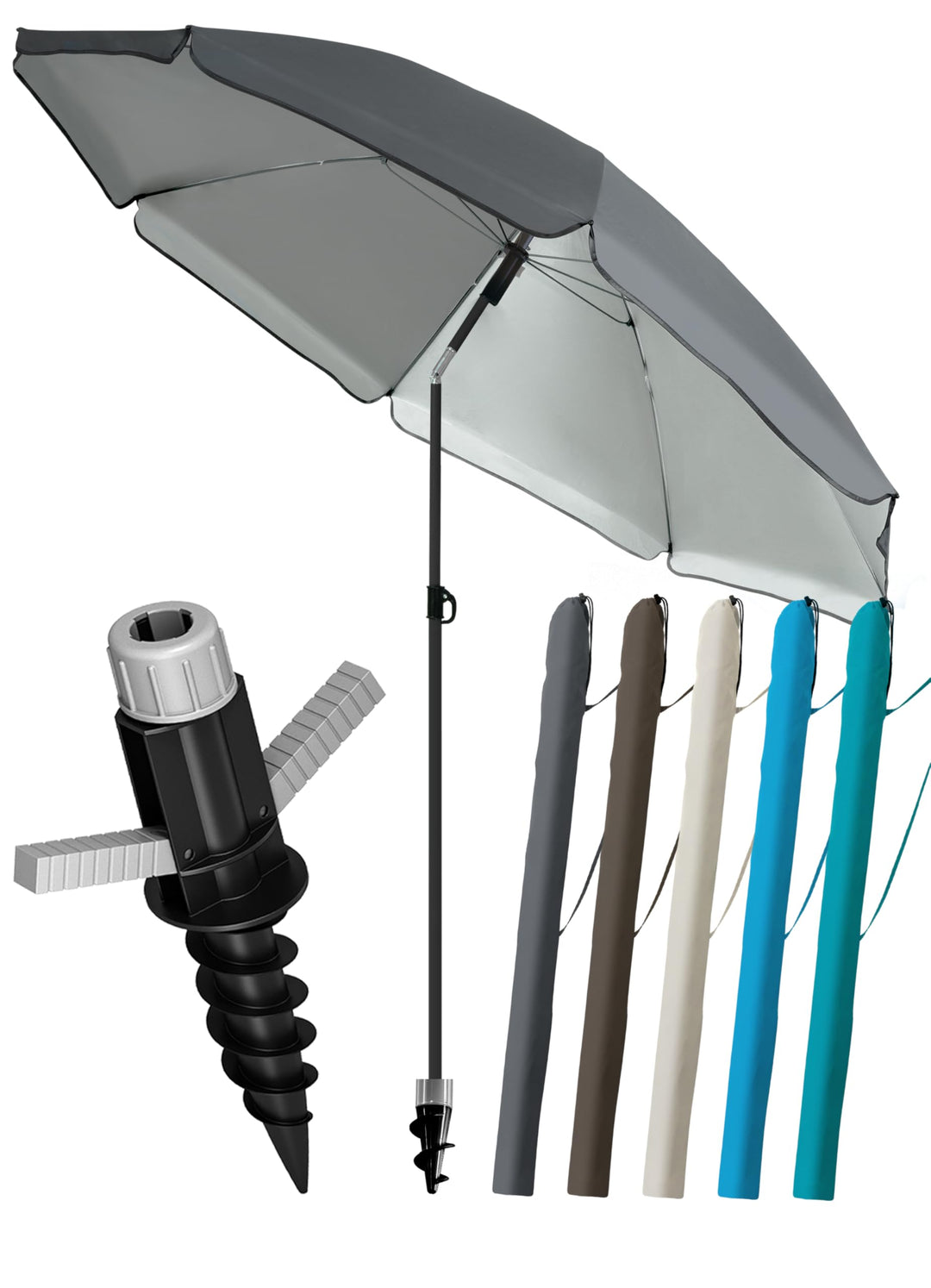 4smile Sonnenschirm Strand Ø 200 cm, 3-in-1 SET mit Bodenhülse, Anthrazit | UPF 50+ Strandschirm + S