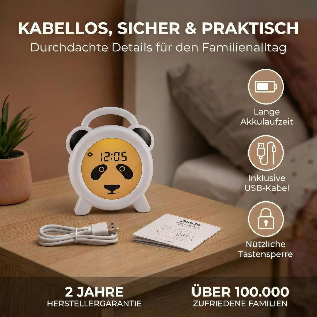 Alecto BC100PANDA Wecker Kinder - Kinderwecker USB Aufladbar - Kinder Wecker mit Nachtlicht - Schlaf