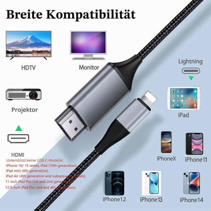 HDMI-Kabel für iPhone, HDMI-Konverter-Kabel, zur Übertragung von i-Phone, i-Pad oder i-Pod auf TV, H