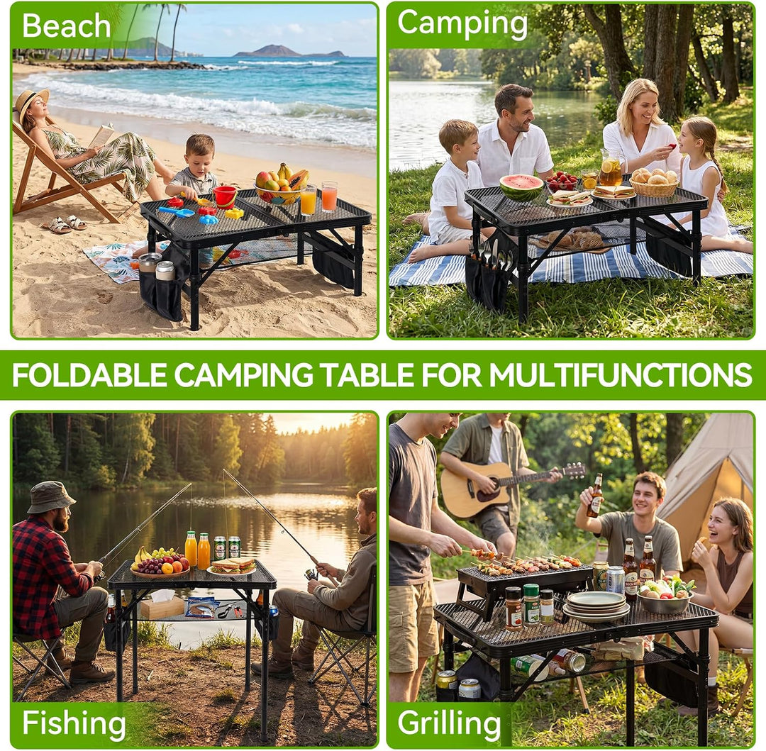 Campingtisch Klappbarer 60×40cm 3-Fach Höhenverstellbarer Grilltisch mit Metallgitter-Tischplatte un