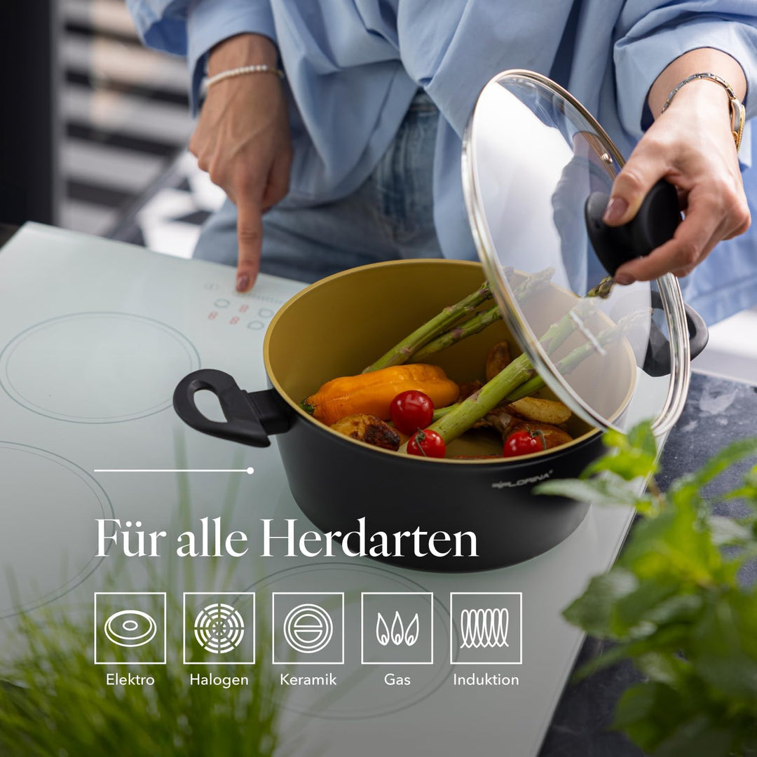 FLORINA AMVEGAN Aluminiumtopf 26 cm I 4,8L I Hohe Haltbarkeit I Glasdeckel I Olivenöl-Keramikbeschic