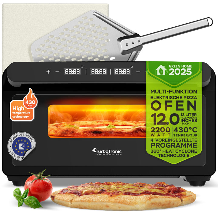 TurboTronic Pizzaofen bis 430 °C perfekte Pizza (30 cm) in 2 Minuten inkl. Pizzastein & Pizzaschiebe