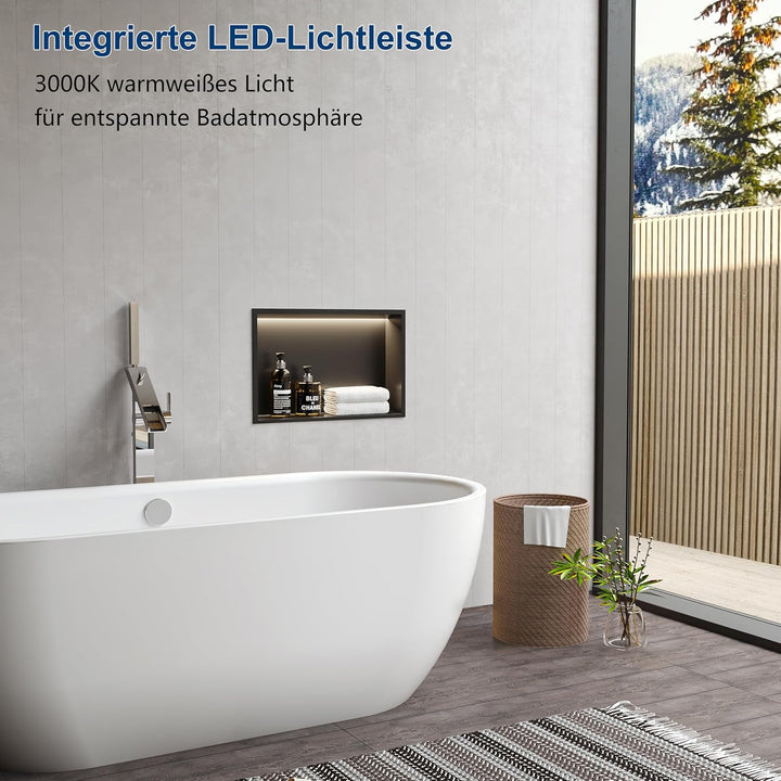 Wandnische Dusche 304 Edelstahl mit LED-Beleuchtung, Einbau-Duschnische Schwarz Einzelregal Lagerung