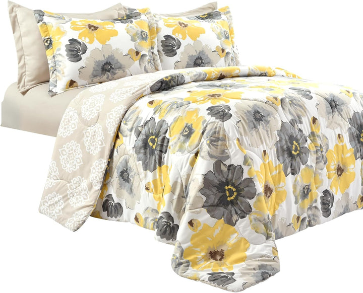 Lush Decor Leah Wende-Bettwäsche-Set, 6-teilig, King-Size, Gelb und Grau, grosse blühende Aquarellbl