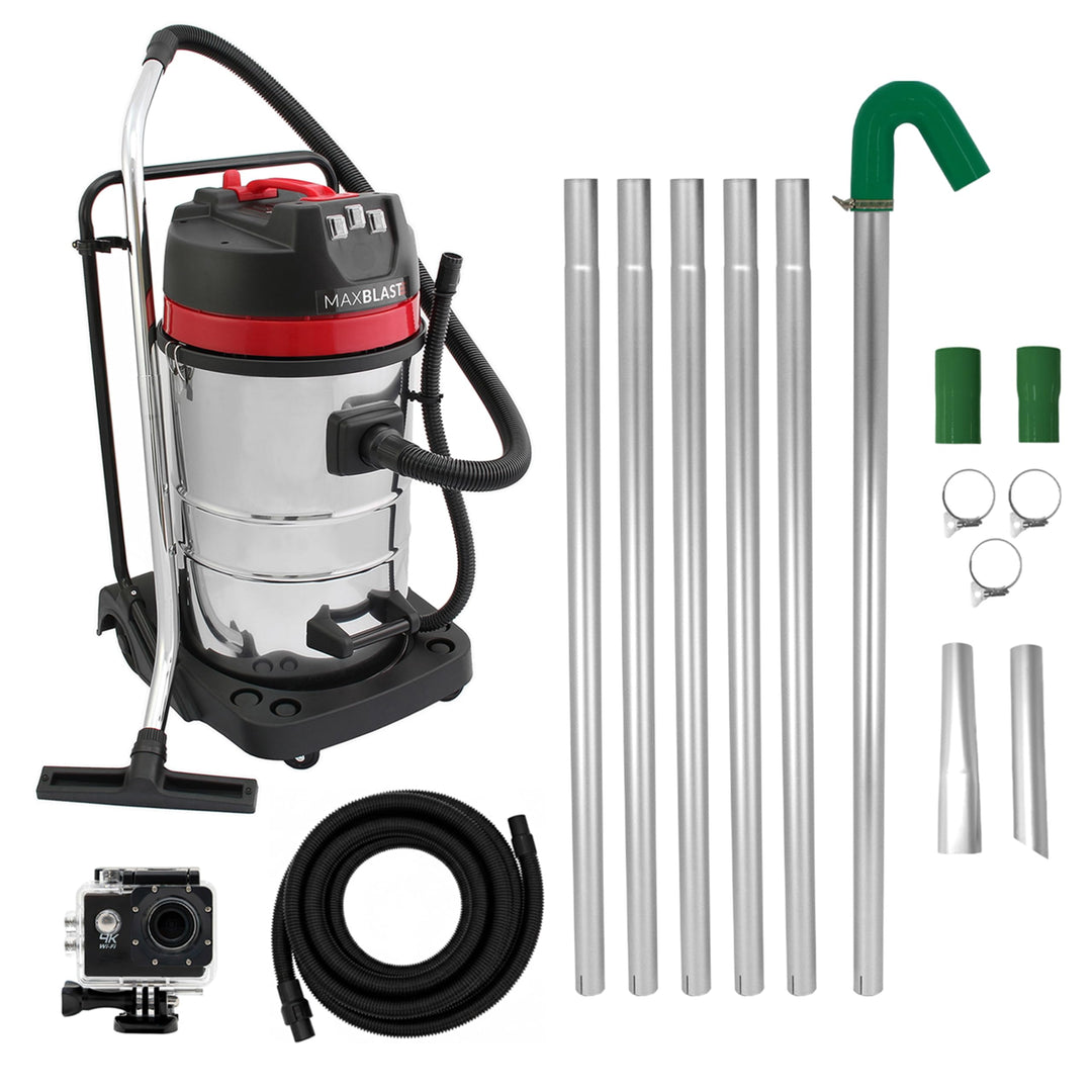 80L Nass- &amp; Trocken Industriestaubsauger, 3000W Motor, Dachrinnenstangen Set, 5m Schlauch, 4K Kamera