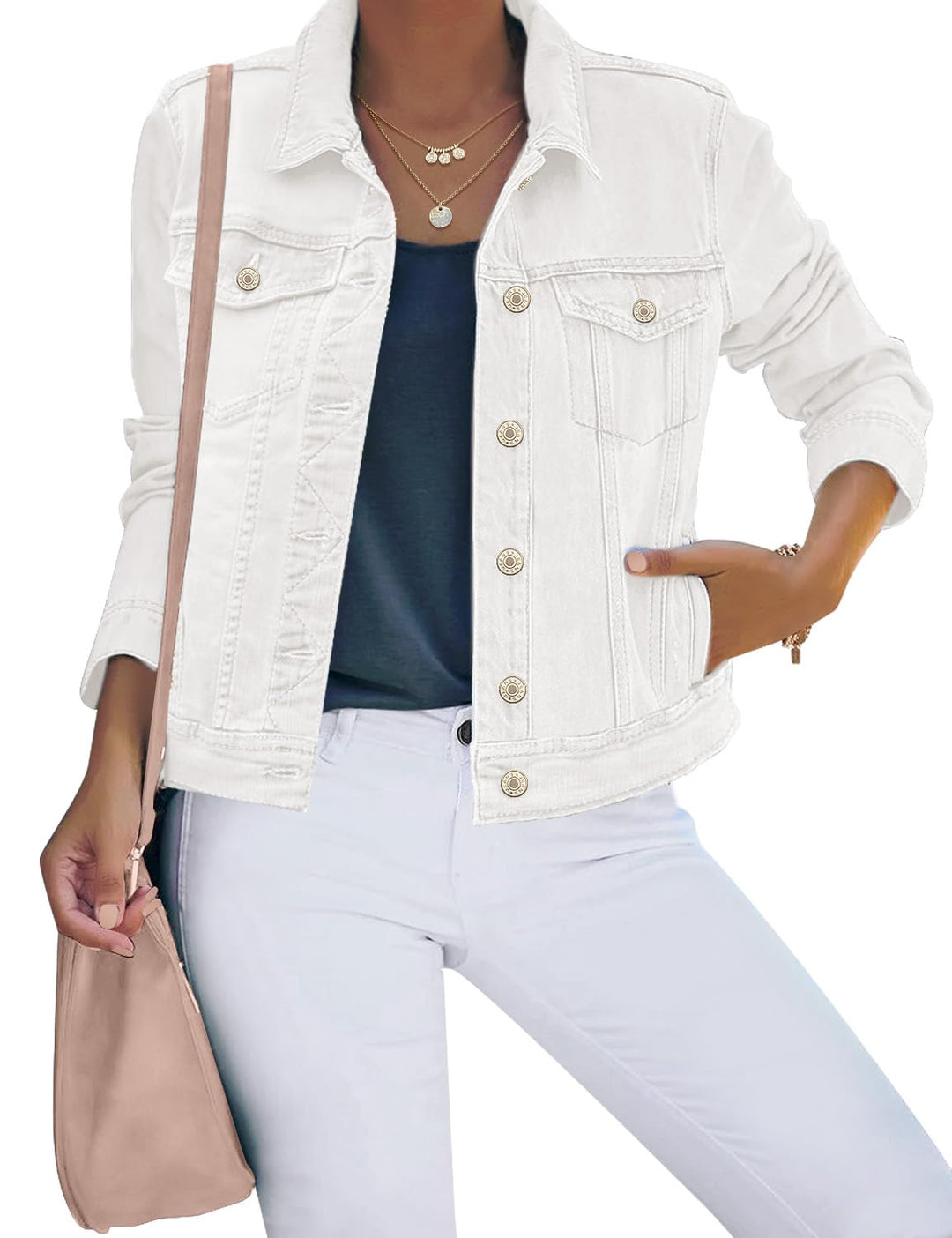 Roskiky Jeansjacken Damen Jean Stretchy Langarm Trucker Jacke mit Tasche L Weiss, L Weiss