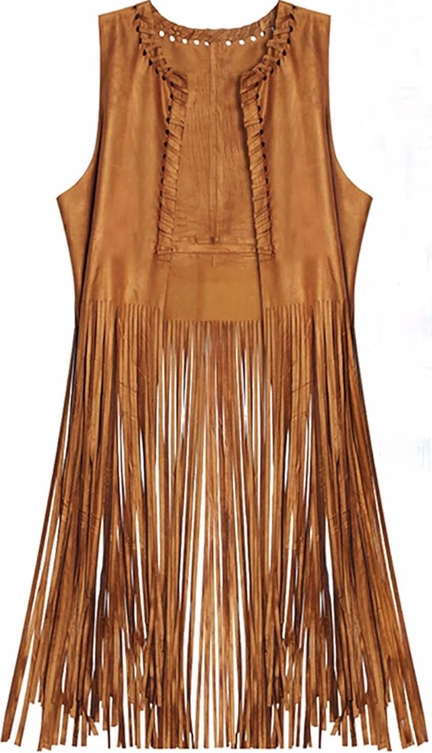 MIMIKRY Weste in Wildleder-Optik mit langen Fransen Kostüm-Zubehör Cowgirl Hippie Indianerin Boho Fe