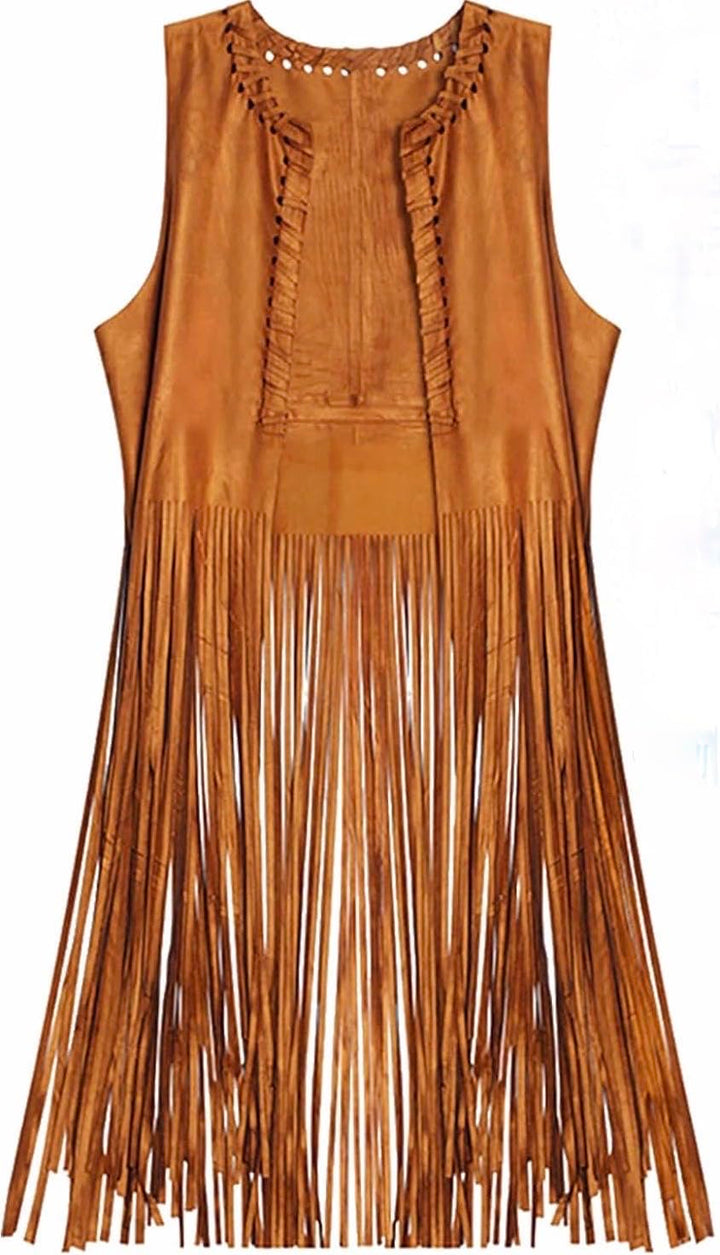 MIMIKRY Weste in Wildleder-Optik mit langen Fransen Kostüm-Zubehör Cowgirl Hippie Indianerin Boho Fe