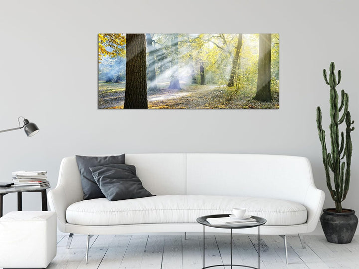 Glasbild Panorama | Wandbild aus Echtglas | Sonnenstrahlen im Wald | 100x40 cm | inkl. Aufhängung un