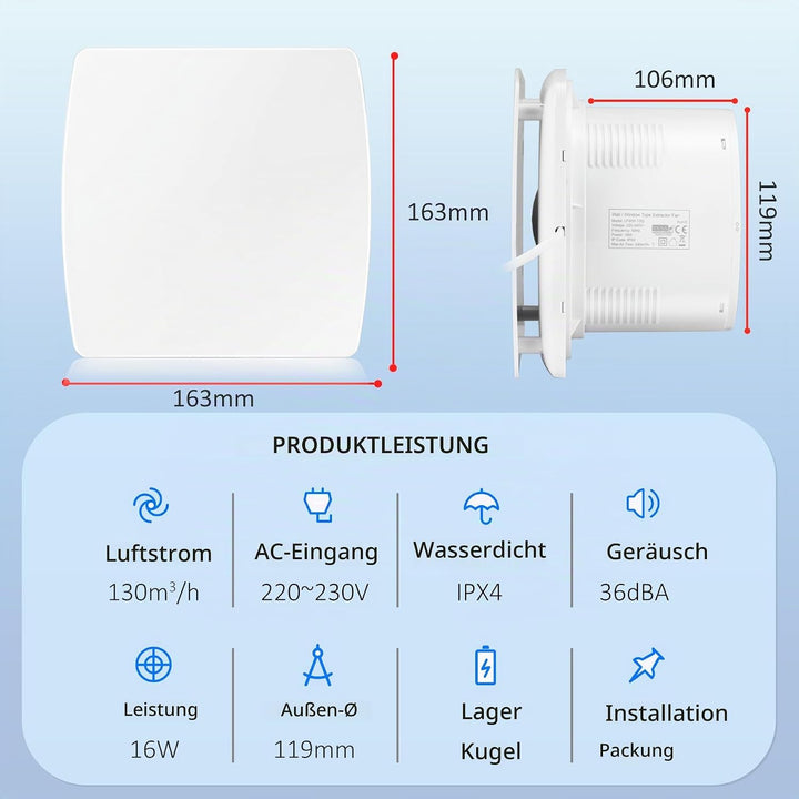 120mm Abluftventilator Küche, 130m³/H IPX2 Leiser Badlüfter Fensterlüfter mit Scheckventil 1m EU-Net