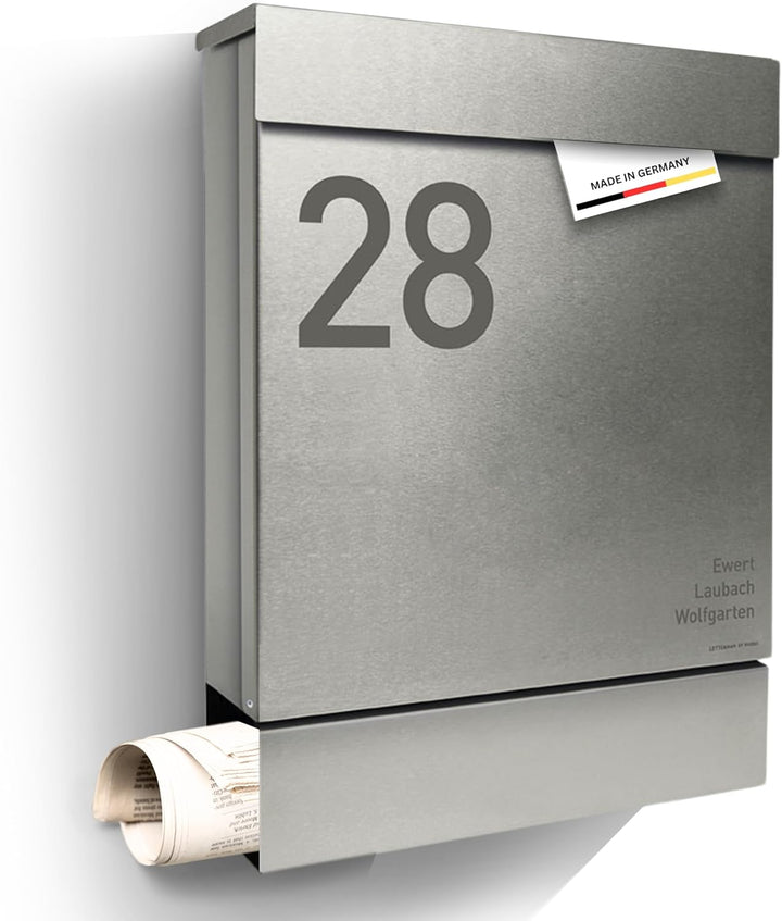 Radius® Designer Briefkasten Edelstahl - Briefkasten mit Zeitungsfach für Zeitungsrolle - Postkasten