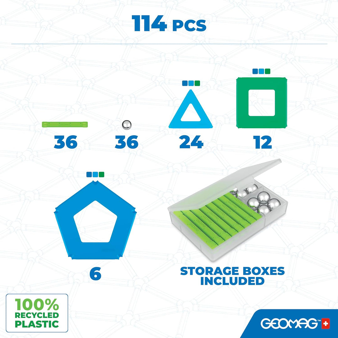 Geomag - Classic Panels 114 Pieces- Magnetic Construction for Children - Green Collection - 100 Perc