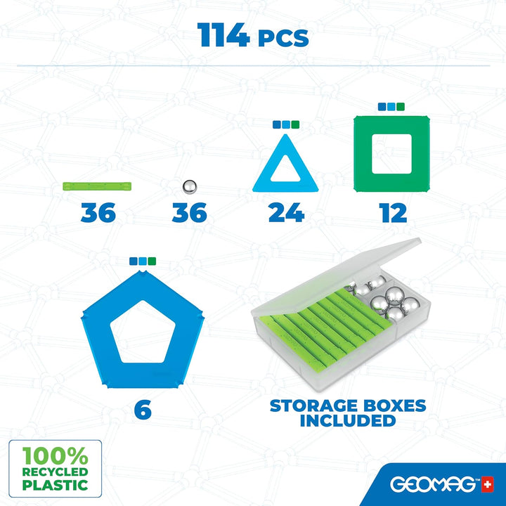 Geomag - Classic Panels 114 Pieces- Magnetic Construction for Children - Green Collection - 100 Perc