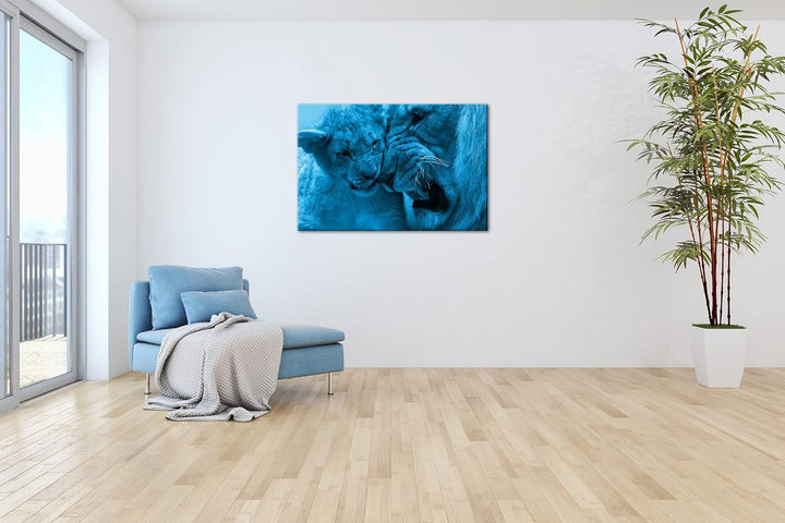 deyoli wilde Löwen Format 80x60 Effekt: Monocrome Blau als Leinwandbild, Motiv fertig gerahmt auf Ec