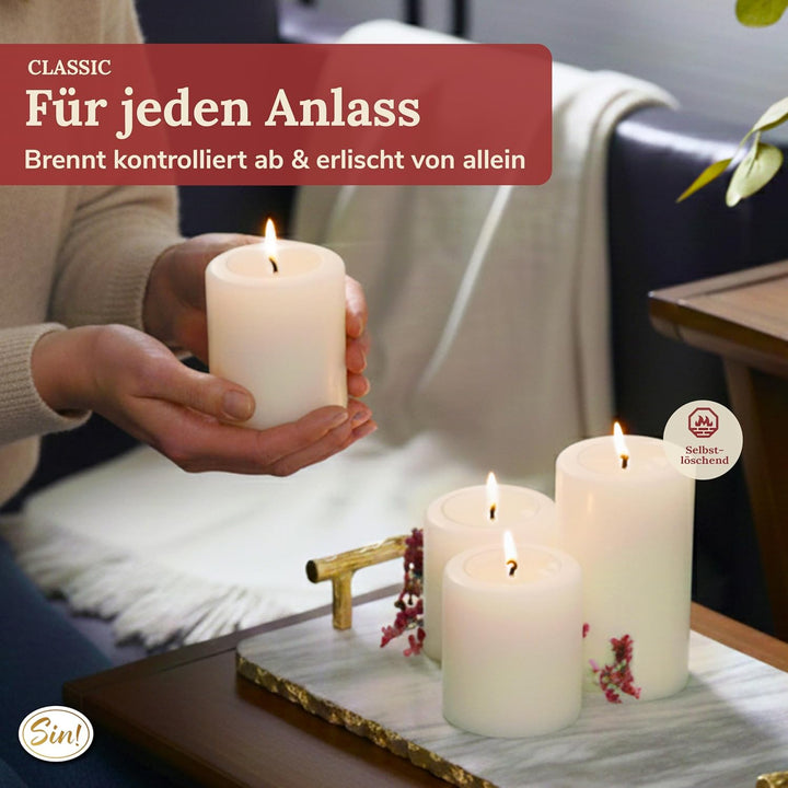 Sin! 4er Set Teelichthalter Classic warmweiss - ∅ 8 cm - Höhen 9/12/15/18 cm, Dauerkerze mit Teelich